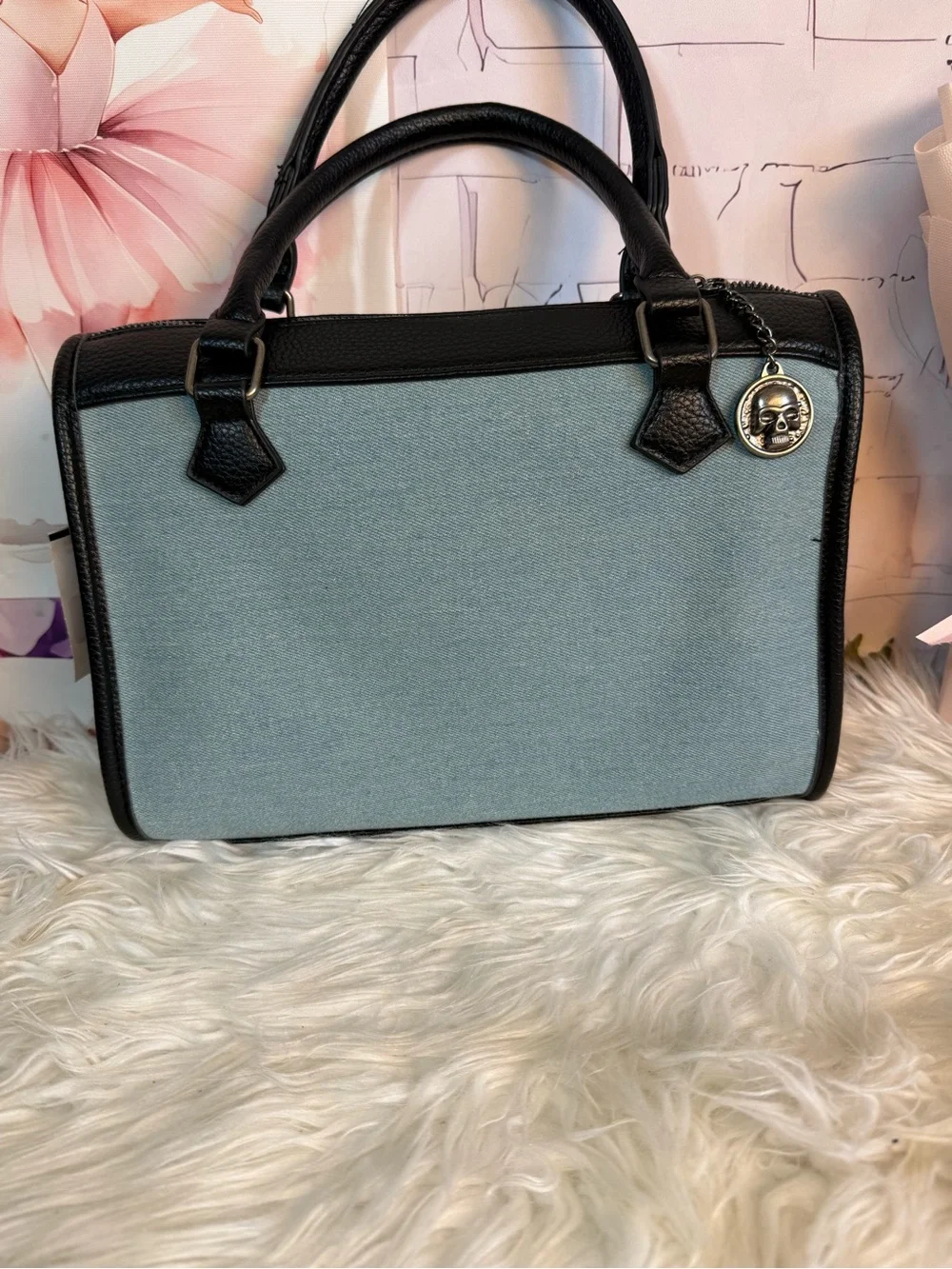 Ed Hardy Denim Blue Studded Eagle Satchel with Black Trim